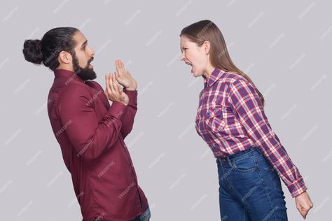 Screaming At Someone, Scared Man, Side View Portrait, Angry Woman, Angry Women, Studio Shoot, Woman Standing, Gray Background, Side View