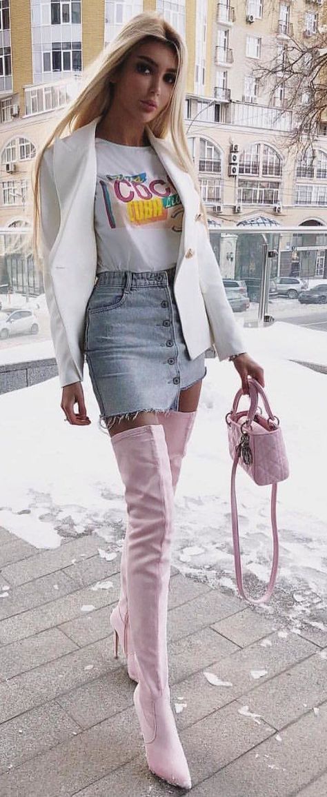 Thigh High Outfits, Pink Boots Outfit, White Off Shoulder Dress, Preppy Spring, High Boots Outfit, Woman In White, Outfits To Copy, Blue Denim Skirt, Pink Boots