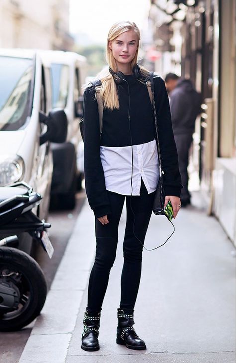 Cropped Sweater, White Button Down, Black Skinnies & Moto Boots Long Brown Sweater, Light Blue Blazers, Short Black Skirt, Walking Down The Street, Blue Ripped Jeans, Pink Knit Sweater, Blue Denim Pants, White Knit Sweater, Street Style Photos