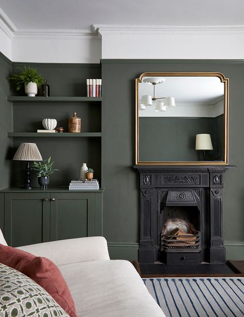 Station Road Living Room | Squiffy Mill Exterior Colour Schemes, 1930s Living Room, Salons Cottage, Dark Green Living Room, Moody Living Room, Snug Room, Victorian Living Room, Dark Living Rooms, Victorian Townhouse