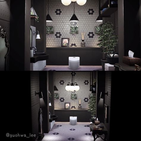 り ぃ (@guohwa_lee) • Instagram photos and videos Acnh Bathroom Ideas Black, Acnh Bathroom Ideas, Animal Crossing Bathroom, Acnh Creepy, Acnh Rooms, Acnh Hhp, Dark Bathroom Ideas, Creepy Animals, Dark Bathrooms