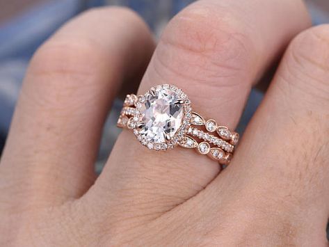 custom order:3pc 3.5ct morganite ring ,diamond matching band - BBBGEM Oval Rose Gold Engagement Ring Vintage, Rose Gold Halo Engagement Ring, Gold Ring Diamond, Morganite Engagement Ring Set, Promise Ring Set, Gold Diamond Wedding Band, Rose Gold Diamond Ring, Morganite Engagement, Pink Morganite