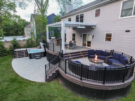 Patio Fire Pit Ideas, Hot Tub Landscaping, Deck Remodel, Backyard Patio Deck, Fire Pit Ideas, Hot Tub Deck, Hot Tub Backyard, Patio Deck Designs, Outdoor Patio Designs