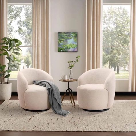 Elevate your modern home with a touch of luxury and comfort. This twirling chair in Boucle fabric is the perfect blend of style and coziness. #ModernHome #InteriorDesign #BoucleFabric #LuxuryLiving #HomeDecor #ContemporaryStyle #CozyCorner #FurnitureDesign #LivingRoomGoals #HomeInspiration #luxurydesign #intiordesign #lifestyledesign #homeinteriors #furnituremakeover Round Sofa Chair, Round Swivel Chair, Lounge Chair Bedroom, Small Swivel Chair, Sitting Room Chairs, White Armchair, Chairs For Small Spaces, Bedroom Corner, Round Sofa