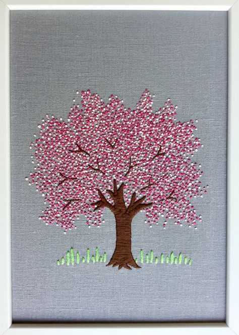 my project: embroidered cherry blossom tree - sakura tree . french knots in stranded cotton on linen background (inspired by some of the embroideries by Jo Butcher) Japan Tree, French Knot Hairstyle, Christmas Tree Embroidery Design, Knot Stitch, French Knot Stitch, Etsy Embroidery, French Knot Embroidery, Bond Paper Design, Cherry Blossom Trees