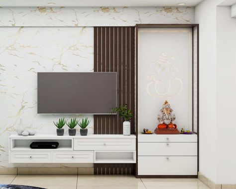 Mandir Unit Design, Room Mandir Design, Mandir Unit, Pooja Room Interior, Tv Unit Storage, Low Floor Bed, Pooja Design, Pooja Room Door, Puja Unit