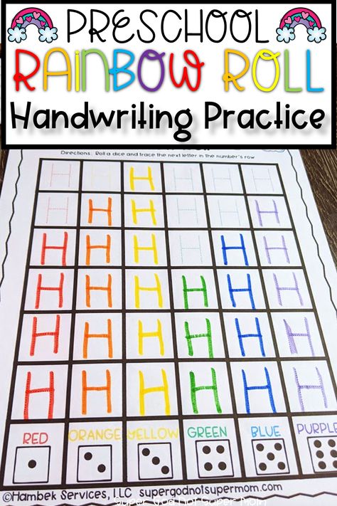 Looking for a fun and engaging way to practice handwriting?  This Rainbow Roll activity isn't your average handwriting worksheet.  Roll the dice and trace the letter in the corresponding color.  See which color finishes first!  Perfect for work at home or writing centers in the classroom.  #preschoolathome #preschool #handwriting #writingcenter Roll And Write Letters Free Printable, Which Letters To Teach First, Handwriting Center, Handwriting Poster, Preschool Handwriting, Pre-k Writing, Handwriting Worksheet, Preschool Activities At Home, Rainbow Roll