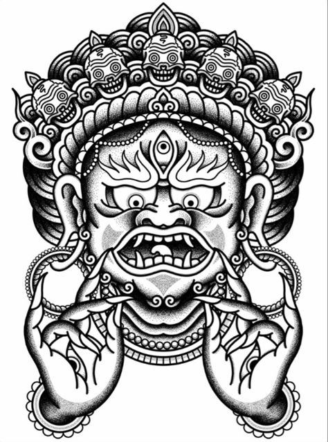 Nepali Tattoo, Juxtapoz Art, Bali Mask, Mythological Symbols, Tibetan Skull, Tibetan Tattoo, Mandala Stickers, Japanese Leg Tattoo, Hexagon Tattoo