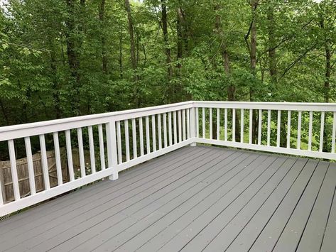 Gray Deck With White Railing, Grey And White Deck Ideas, Grey Painted Deck, Deck Colors Ideas Paint White House, Boothill Grey Behr Deck, Deck Correct Before And After, Deck Colors For Gray House, Deck Colors For Tan House, Painted Decks Colors Ideas