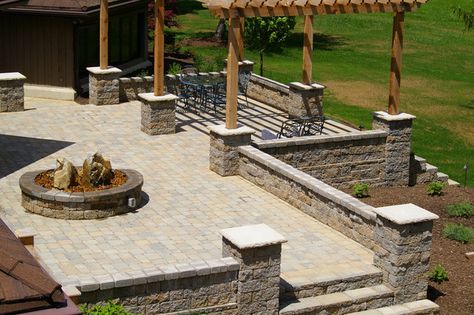 ... Patio With Knee Wall, Raised Patio Retaining Wall, Raised Patio Design, Raised Patio Ideas Retaining Walls, Raised Concrete Patio Ideas, Raised Patio Ideas With Steps, Patio Step, Cement Patio, Raised Patio