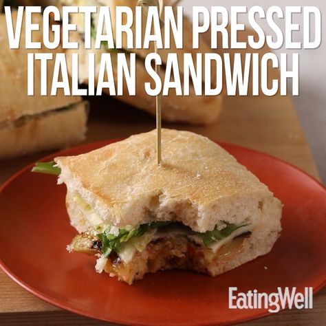 Typically pressed sandwiches are a celebration of many meats. Here we've opted for grilled eggplant slices artichokes and arugula to make a satisfying vegetarian version. Giardiniera a type of Italian relish typically made from bell peppers celery carrots cauliflower olives vinegar and spices perks up the flavors of any sandwich. #lunch #lunchideas #healthylunchideas #healthylunches #healthylunch #lunchrecipes #sandwichrecipes #wraprecipes #lunchwraps #recipe #eatingwell #healthy #italianrecipes Pressed Italian Sandwich, Pressed Sandwiches, Italian Sandwich Recipes, Pressed Sandwich, Sandwich Lunch, Lunch Sandwiches, Italian Sandwich, Beautiful Recipes, Ciabatta Bread