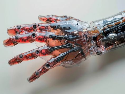 The image is a transparent robotic hand. You can see all the internal mechanisms, wires, and joints ->> more details in ai-img-gen.com Cybernetic Aesthetic, Robotic Hand, Robot Hand, Detailed Image, Avatar, Engineering, Marvel, Design