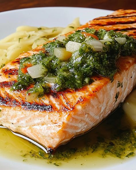 Salmon With Chimichurri Sauce, Salmon Wedding, Grilled Trout, Outdoor Dinner Parties, Chimichurri Sauce, Grilled Fish, Grilled Salmon, Salmon Fillets, Grilled Meat