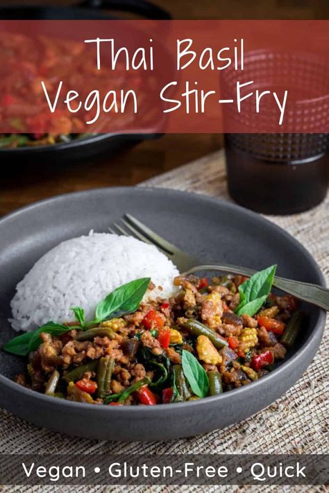 This quick and easy Thai Basil Vegan Stir-Fry is full of delicious Thai sweet, salty and umami flavours and made with economical and healthy soya mince (TVP). Good for your health, good for your finances and great flavour! It can be ready in less than half an hour and is vegan and gluten-free too! #thaibasilveganrecipe #thaibasil #stirfry #vegandinner #veganthairecipe #veganstirfry Thai Basil Tofu Stir Fry, Minced Soya Recipes, Tvp Recipes, Pad Krapow, Vegan Board, Vegan Stir Fry, Soy Curls, Quick Stir Fry, Vegan Fish