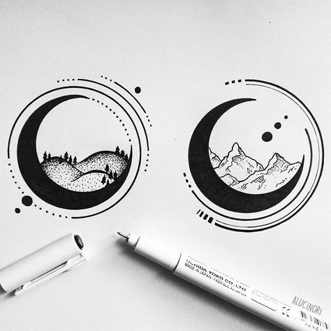 — geometric landscape moons // more drawings on my... Geometric Moon, Landscape Tattoo, Men Tattoos, Waves Tattoo, Geometric Star, Geometric Circle, Trendy Tattoos, Pen Art, Moon Tattoo