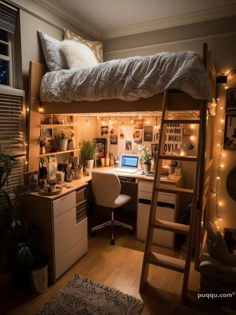 Dorm Room Ideas - Creative and Space-Saving Solutions - Puqqu College Loft Dorm Room Ideas, Desk Under Bed Aesthetic, Two Bed Dorm Room Ideas, College Dorm Room Ideas Lofted Beds Aesthetic, Dorm Room Decor Lofted Bed, Dorm Room Designs Lofted Beds, Lifted Bed Dorm Room Ideas, Lofted Bed Dorm Room Ideas Aesthetic, Loft Dorm Bed