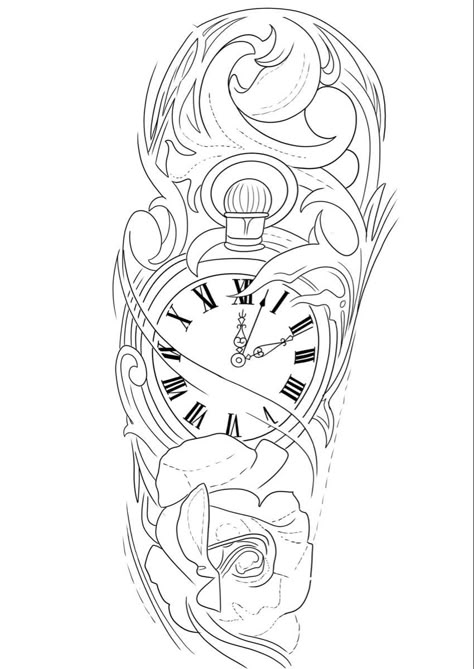 Clock With Flowers Tattoo Design, Rose Tattoo Stencil Outline Men, Rose Clock Tattoo, Clock Tattoo Stencil, Tato Jam, Clock Tattoo Ideas, Black And Grey Rose Tattoo, Pocket Watch Tattoo Design, Clock And Rose Tattoo