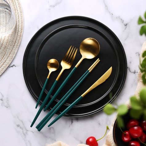 Cadence&Co. 30 Piece Green & Gold Cutlery Set | Temple & Webster Green Cutlery, Unique Flatware, Black Cutlery, Gold Cutlery Set, Luxury Green, Gold Cutlery, Coffee Dessert, Cutlery Sets, Stainless Steel Cutlery