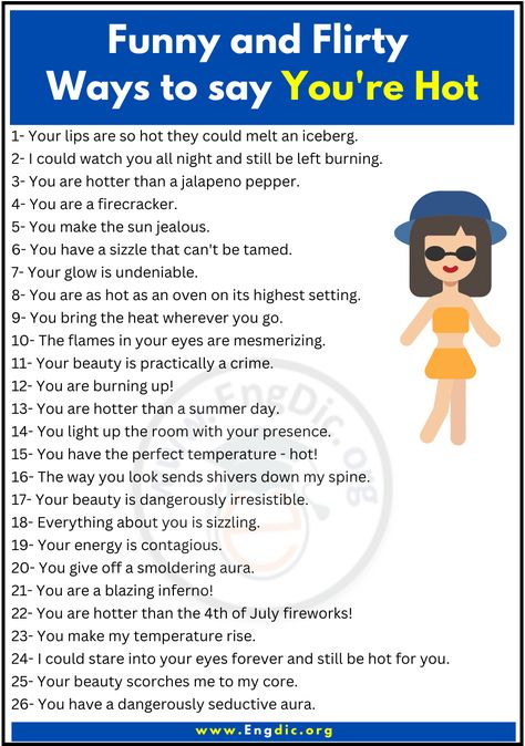 Do you want to let someone know that they look fantastic, but you can’t seem to find the words? Don’t worry. We have some incredibly fun and clever ideas for ways to tell that special someone just how hot they are — without getting too embarrassingly sappy in the process! From playfully calling them a real “hottie-tottie,” to experimenting with punny phrases like, “you set my heart on fire,” we’ve got all of your flirty needs covered. Read on for t How To Tell Someone You Like Them, Fun Words To Say, Ego Boost, His Quotes, Fun Words, English Grammar Rules, Heart On Fire, Weak In The Knees, Interesting English Words