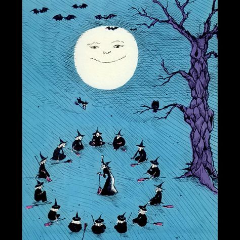 Weeny Witch (1968) Written by Ida DeLage. Illustrated by Kelly Oeschli #art #illustration #witch #moon #vintage #bookstagram #favorite… Witch's Circle, Group Of Witches, Motion Story, Baba Jaga, Creature Fantasy, Image Halloween, Spooky House, Vintage Witch, Halloween Illustration