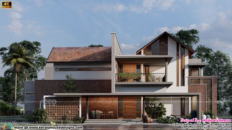 Double Height Living Room Exterior, Slope Roof Elevation Modern, A Type House Design, Sloped Roof Elevation, Sloping Roof Elevation, Contemporary Roof Design, Sloped Roof Houses, Slope Roof Elevation, Sloping Roof Architecture