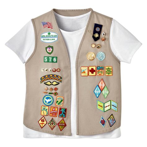 Brownie Vest, Girl Scouts Games, Girl Scout Vest, Girl Scout Uniform, Girl Scouts Cadettes, Khaki Vest, Girl Scout Activities, Scout Uniform, Girl Scout Swap