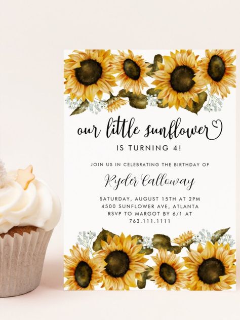 Sunflower Birthday Party Invitation
Rustic girl's birthday party invitation featuring watercolor illustration of yellow sunflowers with baby's breath. The text says "our little sunflower is turning X." Perfect for a summer party! #birthday #happybirthday #birthdaycards #birthdayparty #zazzle Sunflower Party Themes, Sunflower Birthday Party, Sunflower Birthday Parties, Birthday Themes For Adults, Halloween 1st Birthdays, Sunflower Birthday, Sunflower Party, Birthday Party Design, Girl Birthday Party Invitations