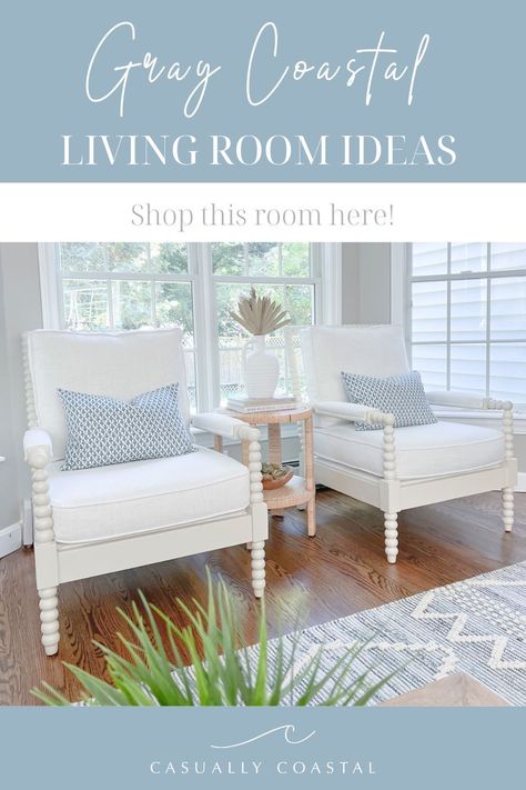 Create a stylish and relaxing retreat with these gray coastal living room ideas that will transform your space into a serene coastal oasis. #graypaintcolors #reverepewter #coastalpaintcolors Costal Small Living Room, Coastal Living Rooms Pop Of Color, Brown Couch Coastal Living Room, Light Blue Coastal Living Room, Coastal Living Room Gray Couch, Coastal Gray Living Room, Small Coastal Living Room Ideas, Coastal Sunroom Ideas, Tan And Blue Living Room