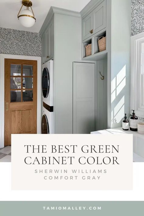 green cabinet paint, green cabinet paint, sherwin william green, sherwin williams green colors, sherwin williams green paint colors, sherwin williams comfort gray, green paint colors, best blue green paint colors sherwin williams, green cabinet color, Green laundry room with checkered floor and botanical print wallpaper, laundry room ideas with stacked washer and dryer, laundry room ideas stacked, remodeled laundry room Sage Green Cabinets Laundry Rooms, Sherwin Williams Green Cabinets, Comfort Gray Sherwin Williams, Mudroom And Laundry Room Combo, Green Gray Paint, Sherwin Williams Comfort Gray, Green Laundry Room, Mudroom Renovation, Sherwin Williams Green