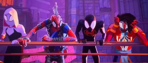 Spiderverse Group Photo, Across The Spiderverse Screenshots, Across The Spiderverse Screencaps, Fruity Four, Spider Punk, Miles Morales Spiderman, Spiderman 3, Across The Universe, Spider Gwen