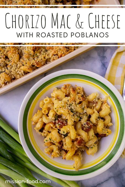 This kicked up Chorizo Mac and Cheese with Poblanos is the mac and cheese you never knew you needed in your life. It's the perfect balance of cheesy carbs with a hint of spice and smokiness, making it an excellent side dish or main course! Habanero Mac And Cheese, Chorizo Mac And Cheese, Poblano Mac And Cheese Recipe, Poblano Mac And Cheese, Fat Food, Japanese Bread, Ethnic Food, Pasta Pasta, Fat Foods