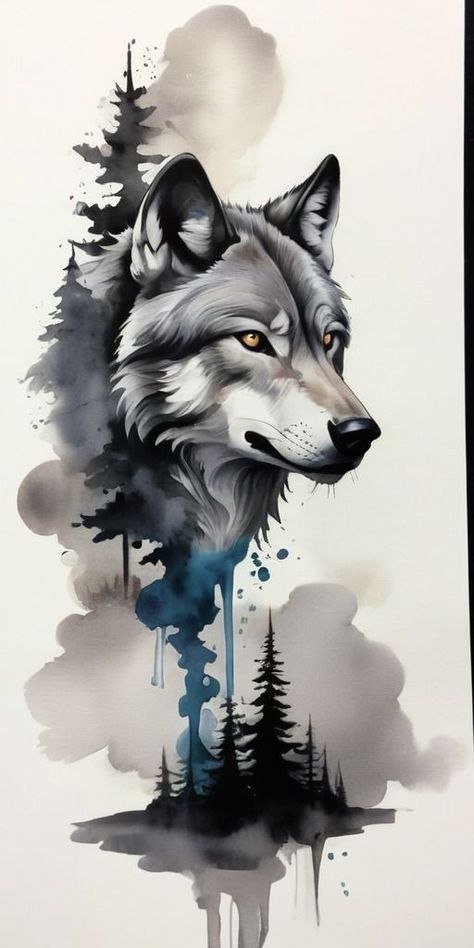 Wolf Illustration Drawing, Wolf Forest Tattoo Design, Wolf Forest Tattoo, Forest Tattoo Design, Matching Tattoos For Couples, Couple Tattoo Ideas, Wolf Forest, 30 Tattoo, Tattoos For Couples