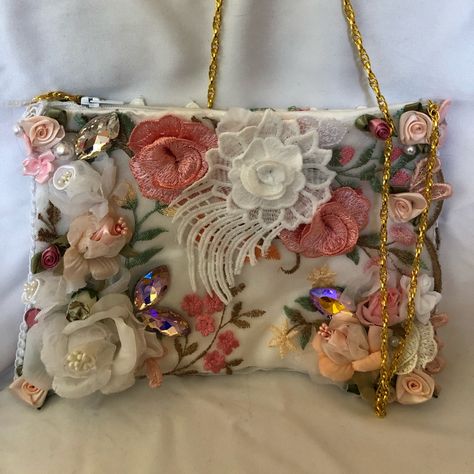 Special Design Floral Bag With Quality Rhinestones H 6 Inches / W 9 Inches Lv Favorite Mm, Shabby Chic Bags, Marmont Super Mini, Small Canvas Bags, Italian Leather Boots, Decorated Bags, Clothing Crafts, Lace Bag, Pink Wreath