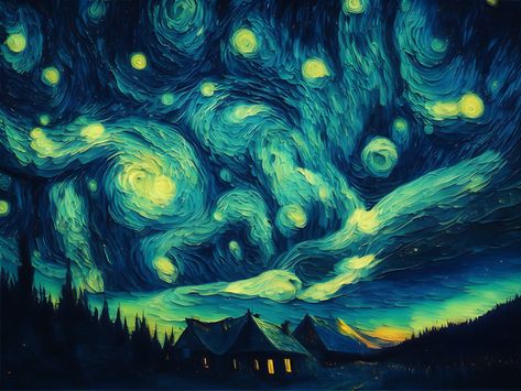 Green Starry Night, Northern Lights In Norway, Vangogh Starrynight, Night Sky Art, Northern Lights Norway, Starry Night Painting, Dark Wallpapers, Green Vans, Northern Light