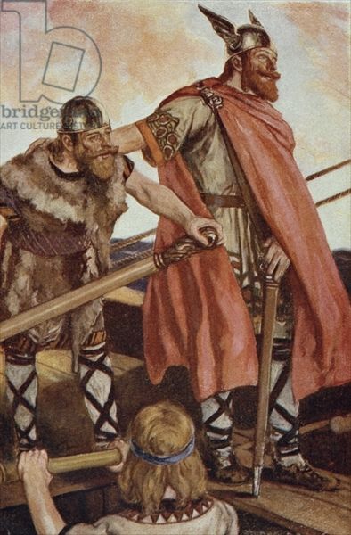 Erik the Red (950-1003/04) sets sail for Greenland, illustration from 'The Book of Discovery' by T.C. Bridges, published 1931 (colour litho) Norse History, Leif Erikson, Erik The Red, Norwegian Vikings, Germanic Tribes, Viking Culture, Red Heads, Viking History, Norse Vikings