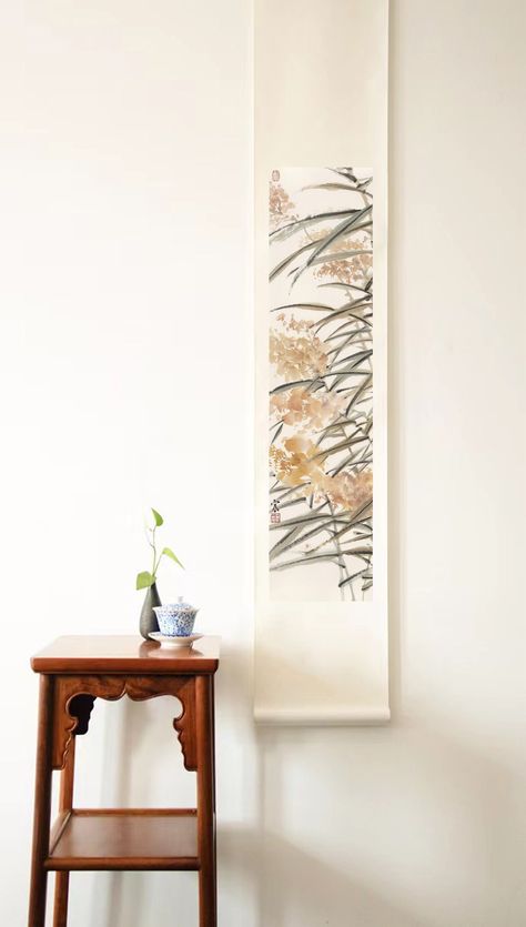 "Original Reeds Plant Scroll Painting LIMITED EDITION FINE ART PRINT reproduction of an original painting.  ❤This print is printed on rice paper which is closest to the original painting. Options:  \"Mounted in Scroll\" (Highly Recommended) The painting(print) will be mounted in a scroll made by silk with a narrow light brown border. The scroll contains a piece of wood on the bottom to make sure the scroll is flat and smooth when you hang it on the wall. And the scroll will be shipped in a hard Wall Art For Entryway, Art For Entryway, Scroll Wall Art, Japanese Scroll, Painting Japanese, Long Art, Asian Wall Art, Scroll Painting, Triangular Prism