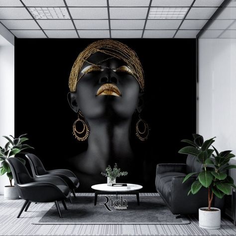 Black woman and gold gilded charms .Abstract Art Design Human Face Wallpaper/peel and stick wallpaper vinyl wallpaper wallpaper room by Richwallpaper on Etsy Gold Luxury Wallpaper, Wallpaper Room, Wallpaper Vinyl, Face Wallpaper, Removable Wall Art, Concrete Wallpaper, Abstract Art Design, Wallpaper Peel And Stick, Black Wall