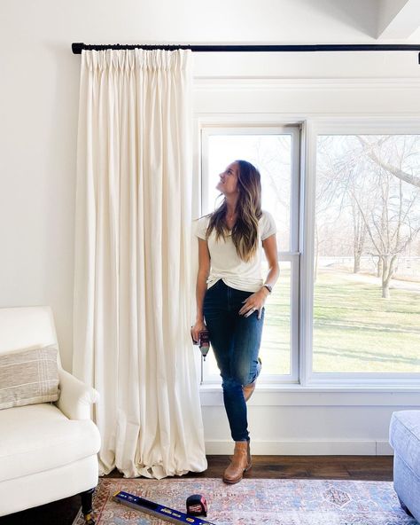 Raftyn | The Rignell Ranch on Instagram: “Feeling PROUD of myself! 🎉 Today, I hung this long curtain rod across our giant window all by myself! My lack of patience to wait for my…” Curtain Rod Height Above Window, Extra Long Window Curtain Rods, Long Curtain Rod Without Center Support, Brass Bay Window Curtain Rod, Unlaquered Brass Curtain Rod, Long Curtain Rods, Long Curtains, Proud Of Me, Curtain Rods