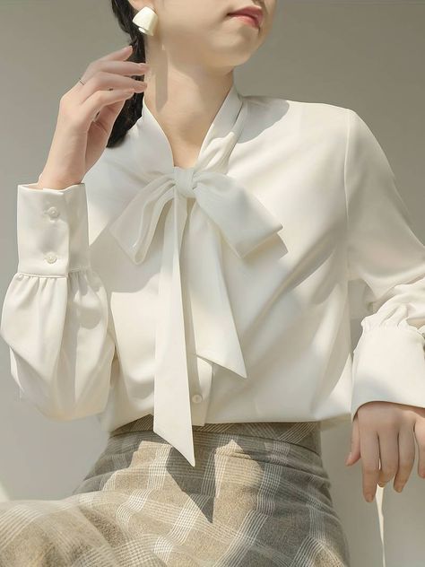 Solid Color Tie Neck Blouse, Women's Casual Long Sleeve Work Office Women's Clothing Blouse,chic, Breathable,sun/uv Protection,temu Neat Casual Outfits, Office Blouse, Chiffon Shirt Blouse, Tie Women, Modest Dresses Casual, Blouse Casual, Tie Neck Blouse, Interview Outfit, Womens Tie