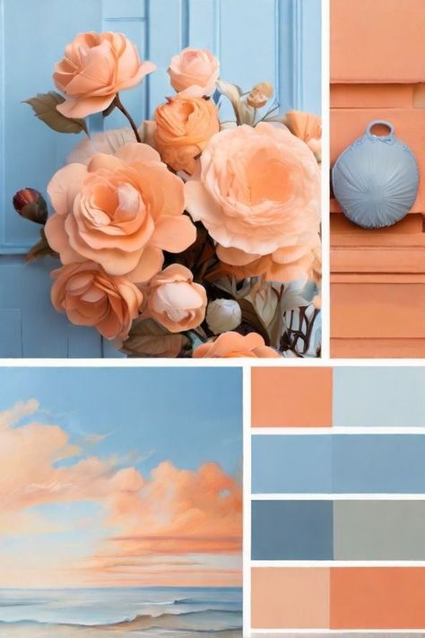 Peach Colour Scheme, Sky Blue Complimentary Colors, Peach And Sky Blue Wedding, Blue Peach Bedroom, Peach And Blue Palette, Peach And Blue Decor, Peach And Blue Interior, Peach Blue Color Palette, Peach And Blue Kitchen