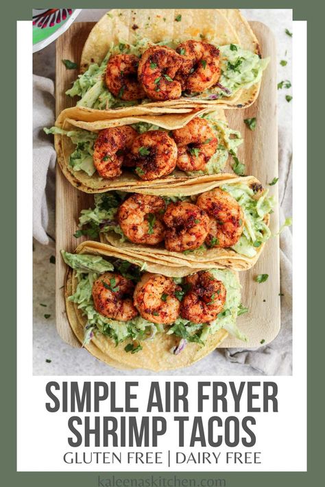 These air fryer shrimp tacos have the perfect texture and a super tasty creamy avocado cilantro slaw. They also come together in under 15 minutes which is perfect for a quick weeknight meal. Air Fryer Shrimp Tacos, Cilantro Slaw, Air Fryer Shrimp, Shrimp Tacos, Gluten Free Recipes For Dinner, Gluten Free Dinner, Quick Weeknight Meals, Easy Weeknight Meals, Gluten Free Dairy Free