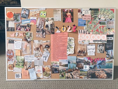 Vision Board On Cork Board, Vision Board Ideas Physical, Scrapbooking Vision Board, Bulletin Vision Board, Vision Board Display Ideas, Vision Poster Board, Physical Vision Board Examples, Vision Board Poster Examples, Vision Board Bedroom Wall