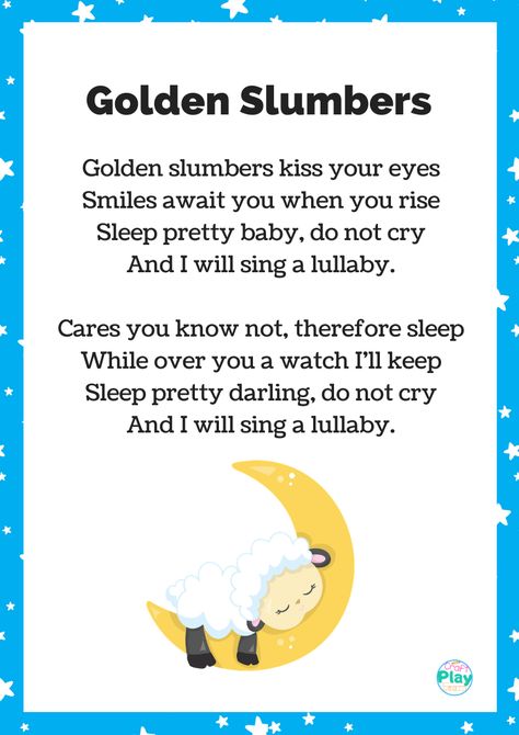 Coaxing your little one to sleep can be a tough task, but lullabies sure make it easier. Not only do they make for a nice bedtime bonding experience, but they also educate your little one. Golden slumbers nursery rhyme is a great example.Scroll down and keep reading for the free printable, and some quick links to other nursery rhymes and easy activities and puzzles you could get your toddler to try. Bedtime Poems, Bedtime Stories For Toddlers, Rhyming Poems For Kids, Lullaby Lyrics, Golden Slumbers, Bedtime Songs, Butterfly Songs, Sleeping Songs, Rhyming Poems