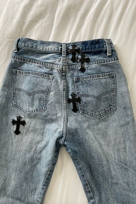 chrome hearts, cross, cross jeans, baggy jeans, skater style, street style, black cross, embroidered patch, y2k, Chrome Heart Jeans, Chrome Hearts Cross, Street Style Black, Heart Jeans, Cross Jeans, Skater Jeans, Black Cross, Skater Style, Chrome Hearts