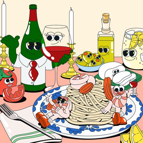 Character illustrations in an italian feast scene: prawn, spaghetti, red wine, olives, olive oil, tomato, lemon water and candles. Olive Oil Cartoon, Feast Illustration, Spaghetti Red, Prawn Spaghetti, Italian Feast, Whimsical Art Journal, Jessica Lee, Food Cartoon, Tattoo Photography