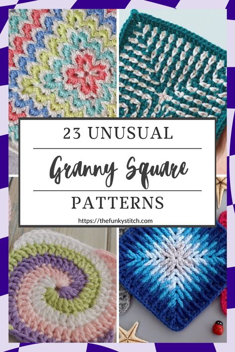 Unusual granny square crochet patterns Crochet Unique Granny Square Pattern Free, Crochet Square Ideas Projects, Different Square Crochet Blanket, New Granny Square Patterns, Cool Granny Squares Blankets, Crochet Stitches Square, Unique Granny Squares Crochet Free Pattern, Twisted Granny Square, Crochet Granny Square Stitch