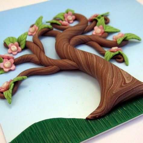 Lovely Clay Tree with Pink Blossom ! Relief Sculpture Clay, Clay Relief Sculpture, Tree Polymer Clay, Clay Relief, Easy Clay Sculptures, Jumping Clay, Fondant Animals, Spring Fairy, Crazy Ideas