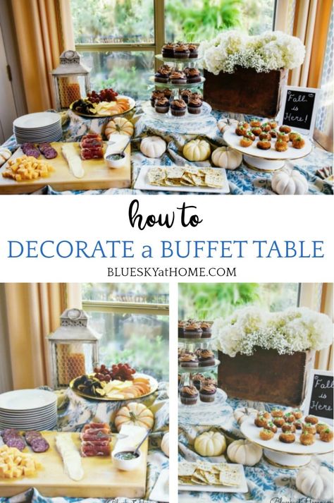 How to Decorate a Buffet Table for a Casual Fall Party - Bluesky at Home Party Table Set Up Buffet, Brunch Table Setting Buffet Breakfast, How To Label Food On A Buffet, Decorate Table For Party, Thanksgiving Dessert Display, Fall Food Table Display, Buffet Table Ideas Decor Party Planning, How To Set Up A Buffet Table, Party Buffet Table Decor