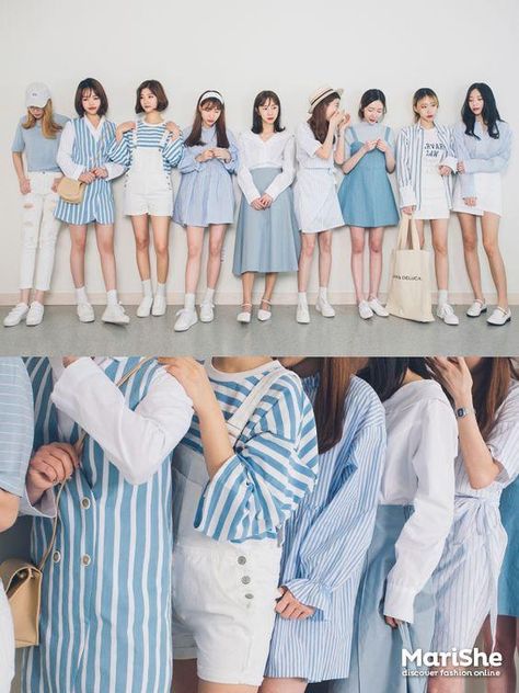 Outfit Type: Casual // Suit For: Summer , strolling around city // Color palette: soft blue & white (1) Cute Outfits Blue And White, How To Style Blue Skirt, Blue And White Outfit, Blue And White Outfits, Group Fashion, 일본 패션, Korean Fashion Trends, Ulzzang Fashion, Korea Fashion