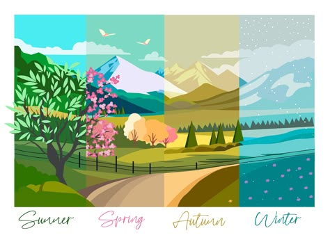 Four Season Illustration, 4 Season Illustration, Seasonal Illustration, Poster Art Ideas, Four Seasons Art, Illustration Calendar, Cuadros Diy, Seasons Posters, Buddha Art Painting